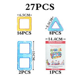 Set of magnetic building pieces with measurements and packaging.