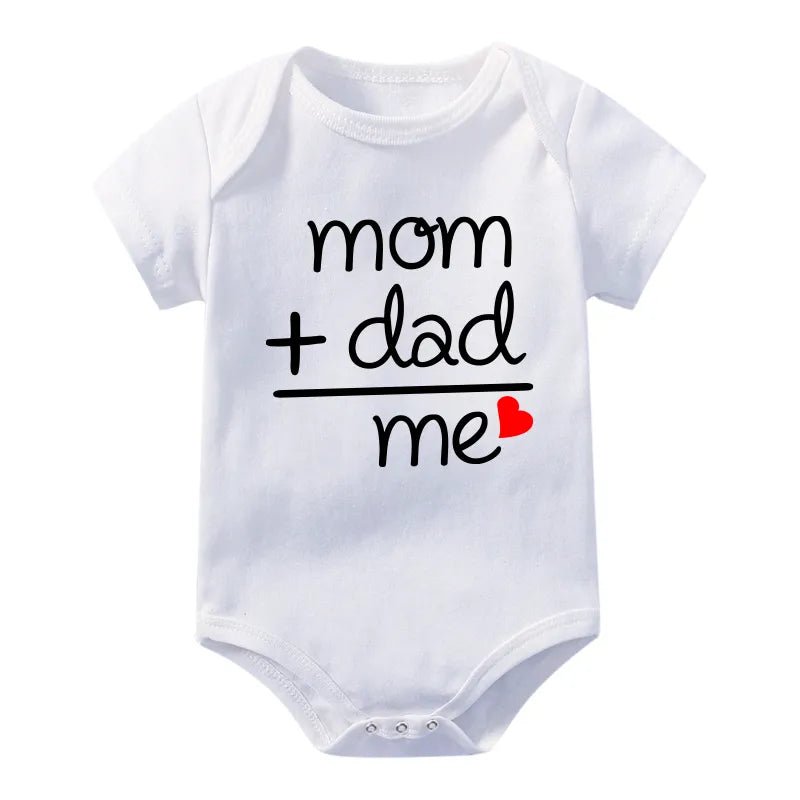 White baby onesie with 'mom + dad = me' text 