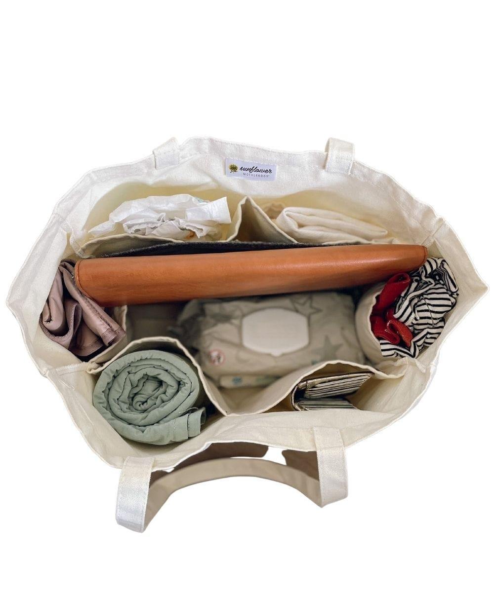 Beige fabric bag.