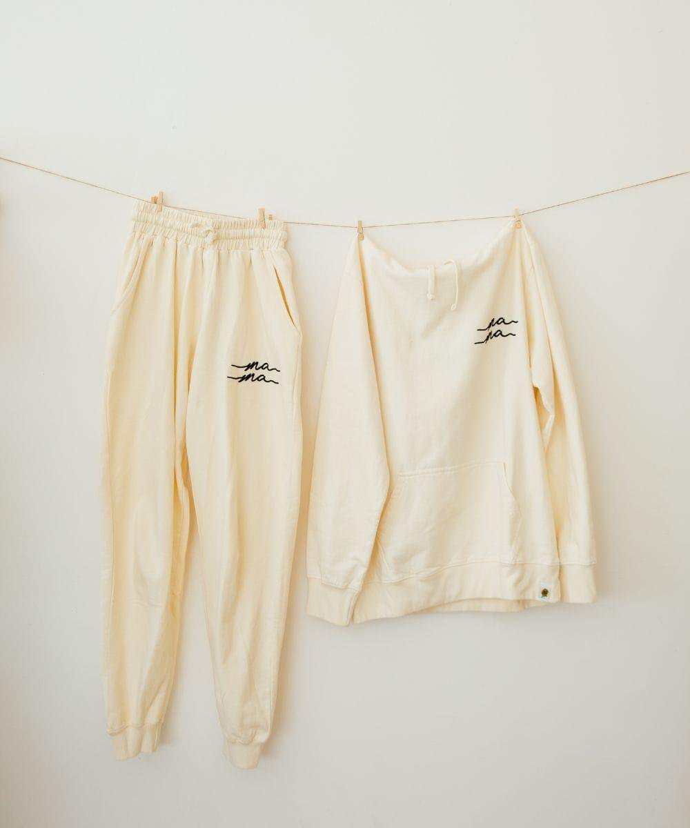 Beige sweatshirt and pants.