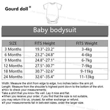 Baby bodysuit size chart with measurements for height and weight, branded 'Gourd doll'.
