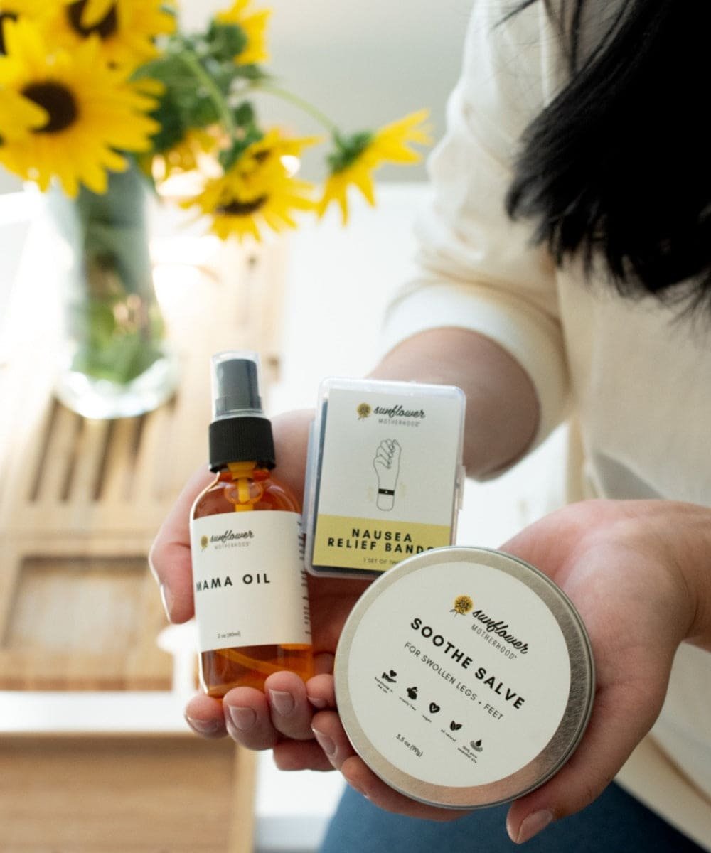 Pregnancy Mama Pouch Bundle with Mama Oil, nausea relief band, and Soothe Salve for morning sickness and skin comfort.