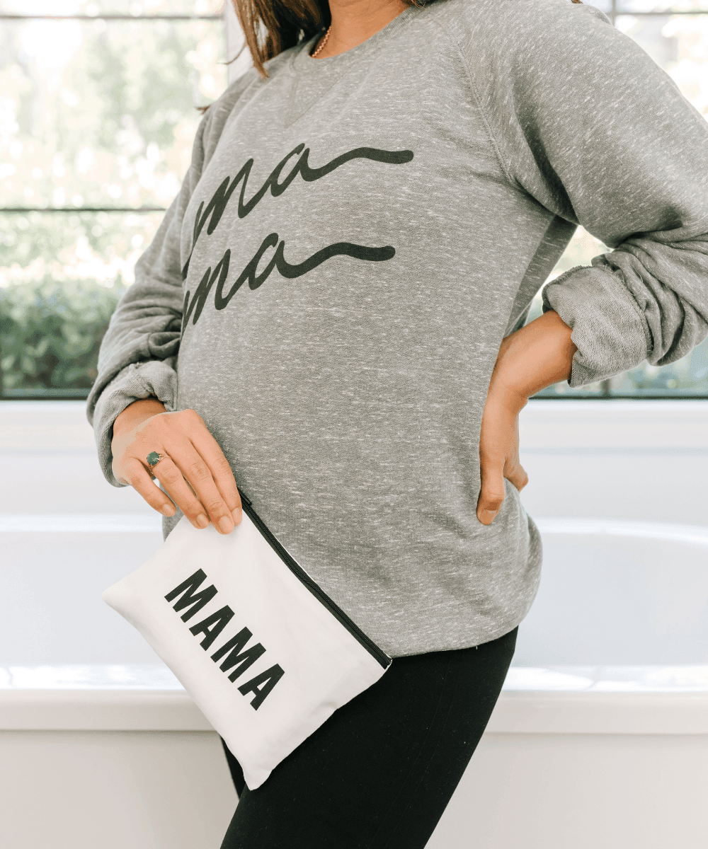 Mama Pouch gift set paired with Mama sweatshirt for new mom gifting and baby shower presents.