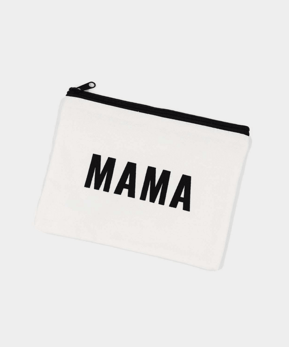 Mama Pouch white zippered organizer pouch for everyday essentials and diaper bag storage.