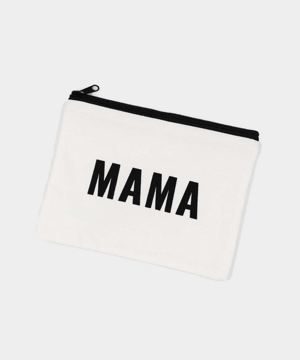 Mama Pouch white zippered organizer pouch for everyday essentials and diaper bag storage.