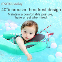 Mambobaby green swim float headrest design shown supporting babys neck for safer pool floating.