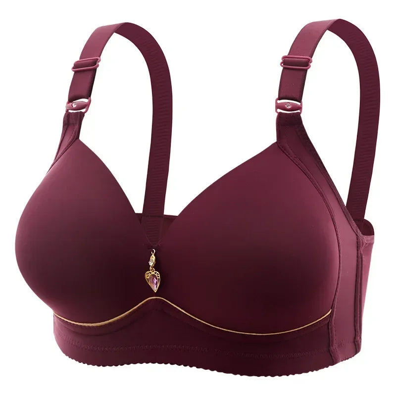 Maroon wirefree breathable glossy bra with a heart charm detail, made for full-figure daily comfort.