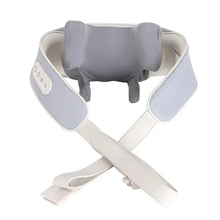 Massage belt with gray cushion and adjustable straps for secure neck and shoulder wear.