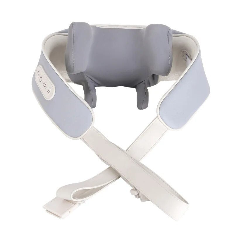 Massage belt with gray cushion and adjustable straps for secure neck and shoulder wear.