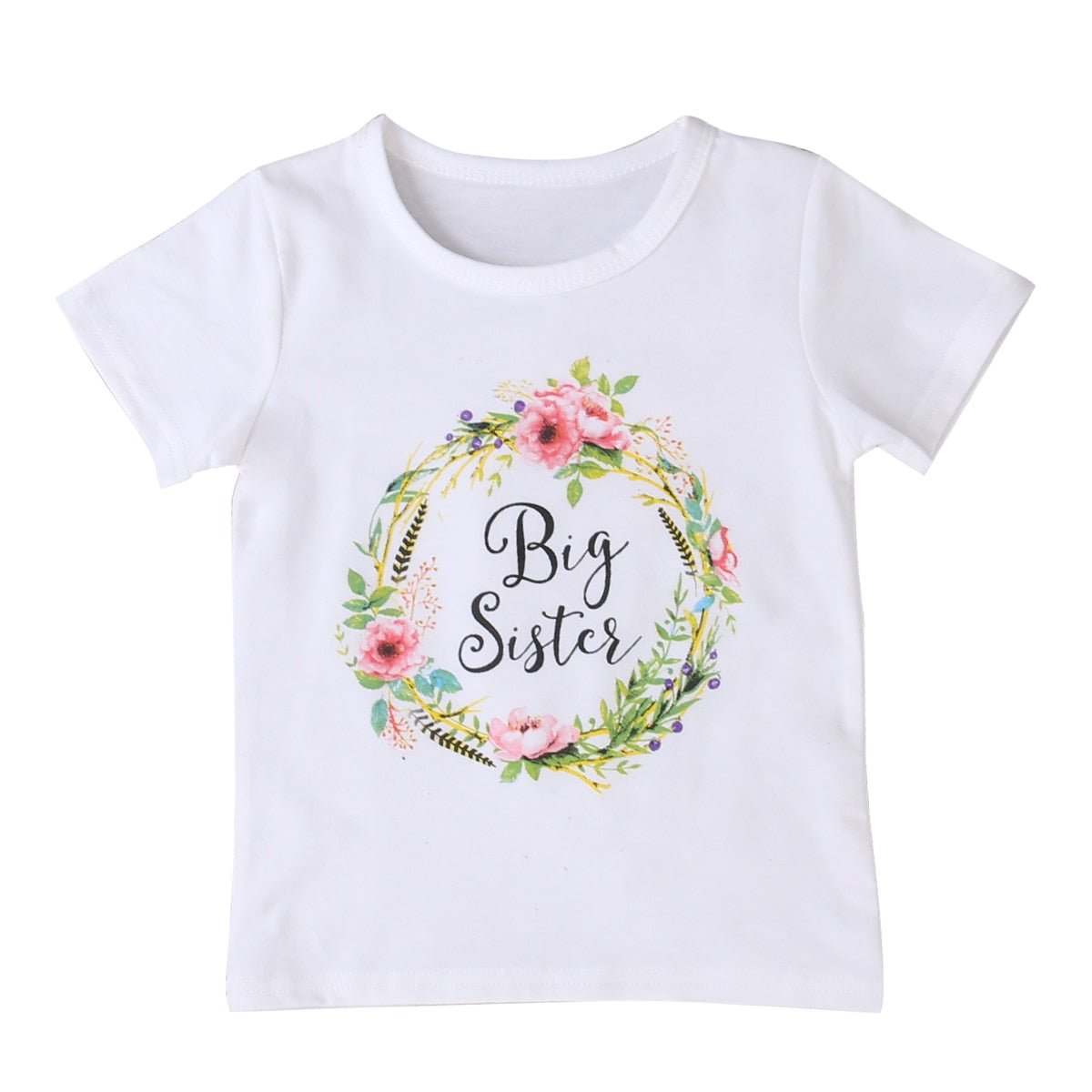 White t-shirt with floral design and 'Big Sister' text 