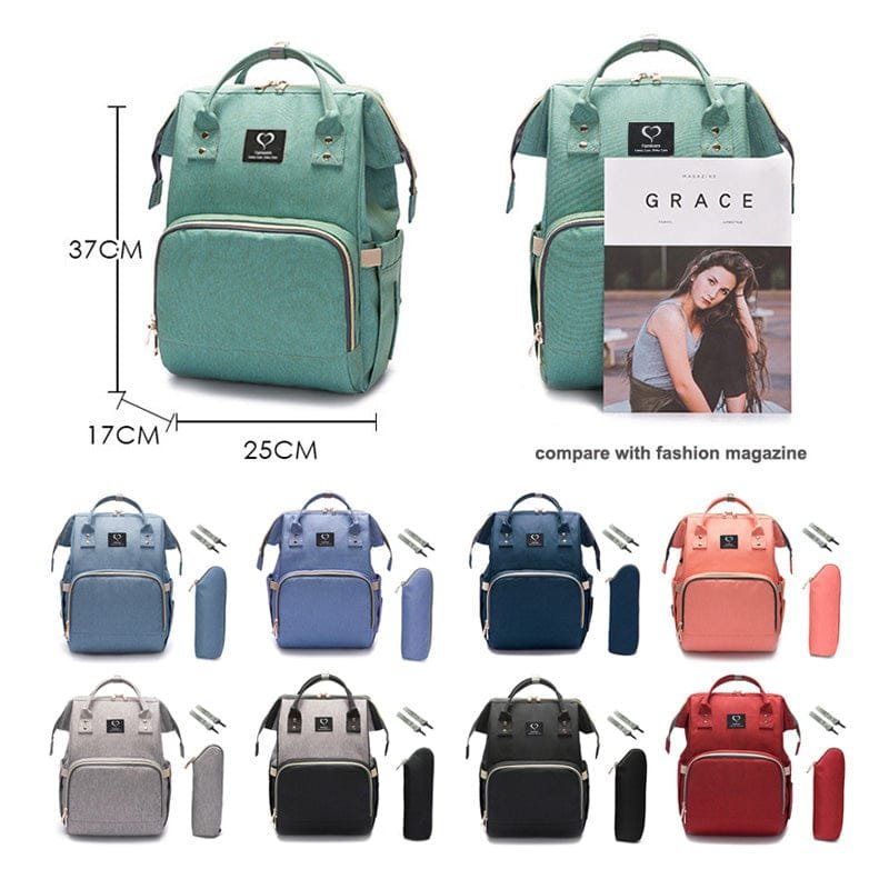 Colour range and size comparison of the maternity nursing diaper backpack, showing capacity for bottles, nappies, and travel essentials.