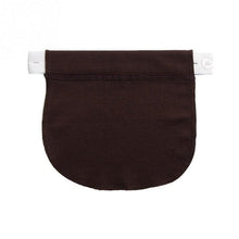 Maternity waistband extender in brown with white clip shown up close for pregnancy pants fit.