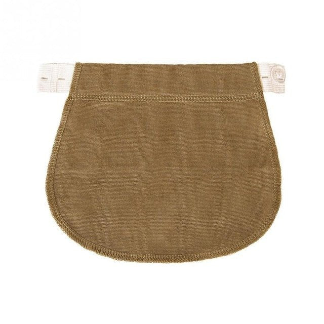 Maternity waistband extender in brown with white strap for soft pregnancy pants adjustment.