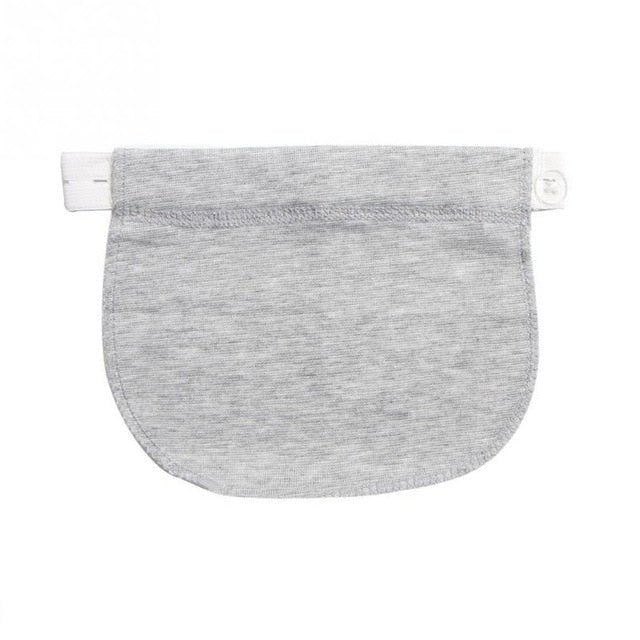 Maternity waistband extender in gray fabric for soft, adjustable pregnancy pants support.