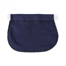 Maternity waistband extender in navy blue with white trim for pregnancy pants comfort.