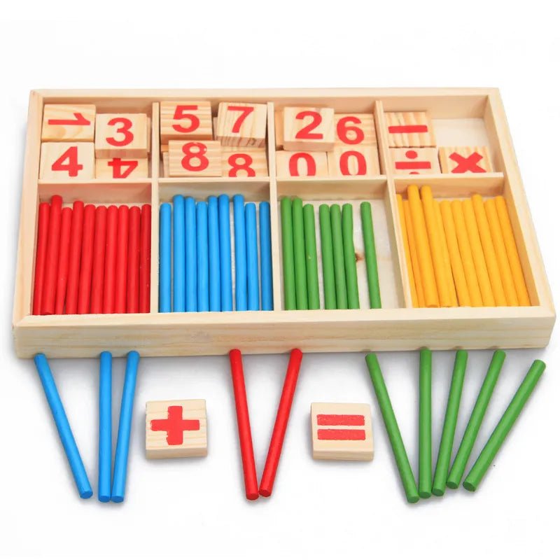 Wooden math activity puzzle board with counting sticks and blocks for hands-on numeracy practice at home.