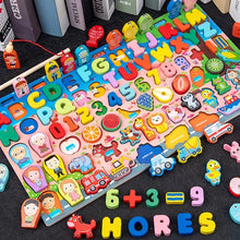 Wooden math education puzzle with letters, numbers, and shapes for classroom or homeschool learning activities.