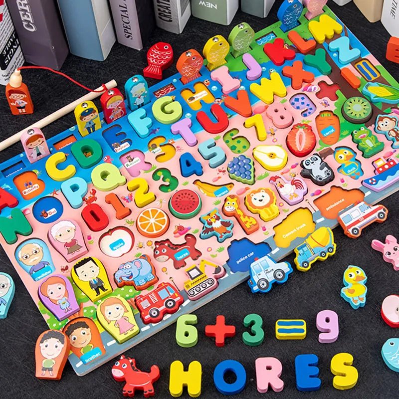 Wooden math education puzzle with letters, numbers, and shapes for classroom or homeschool learning activities.