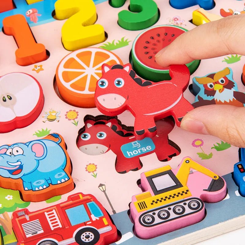 Montessori math learning puzzle with colorful animal and shape pieces including a horse for toddler skill building.