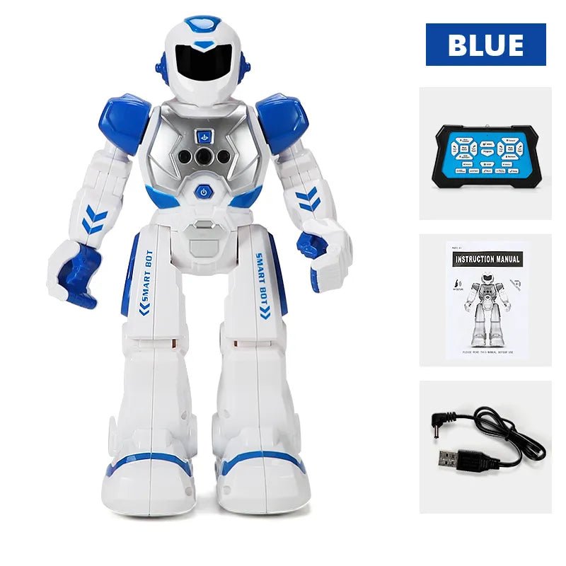 White and blue robot toy with packaging, USB cable, and instruction manual.