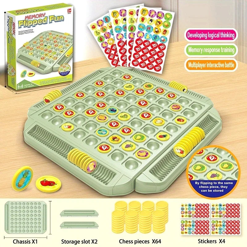 Memory Flipped Fun box, board and sticker sheets with callouts for logical thinking and memory training