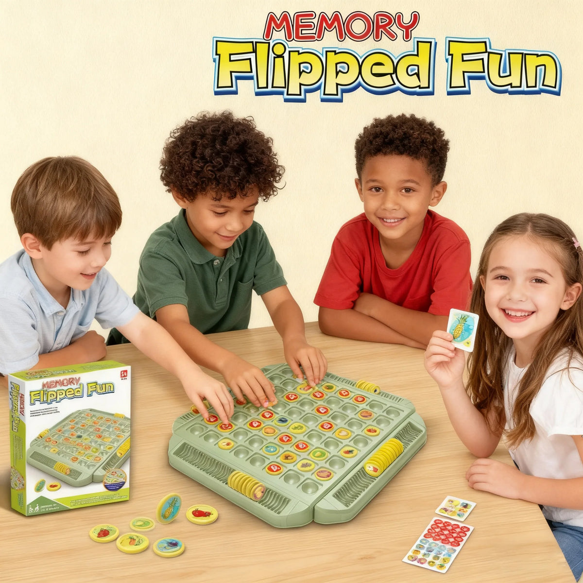 Four smiling children playing the Memory Flipped Fun matching game around a table