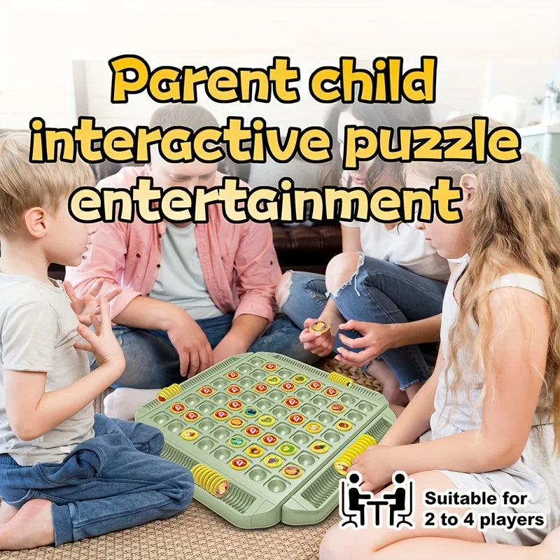Parents and children playing the matching game on the floor with a note that it suits 2 to 4 players