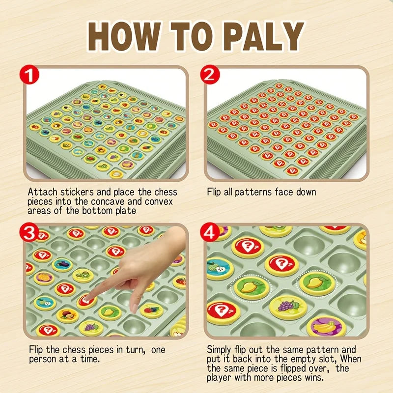 Four numbered steps showing how to place stickers, flip pieces and match pairs