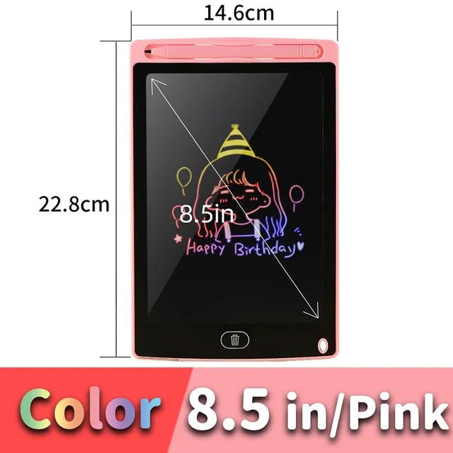 8.5-inch pink electronic writing pad with dimensions and text.