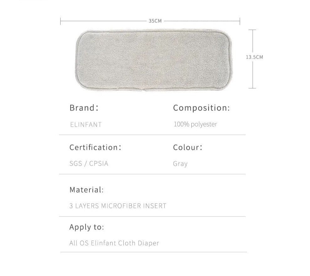 Elinfant gray microfiber diaper insert with size dimensions for choosing the right fit for cloth nappies.