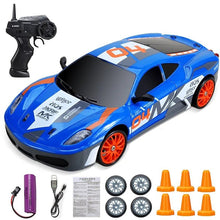 Blue toy race car with remote control, batteries, and accessories 