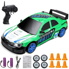 Green and white remote control car with accessories