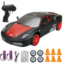 Toy car with remote control, batteries, and accessories.