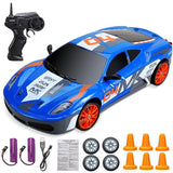 Blue toy race car with remote control, batteries, and accessories 