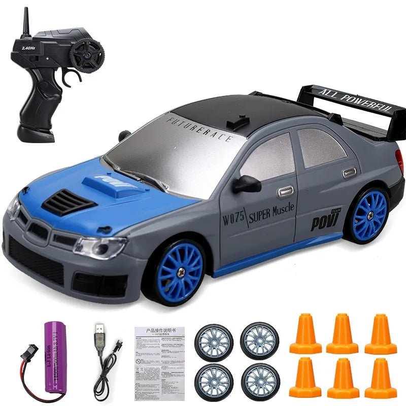 Toy car with remote control, battery, and accessories.