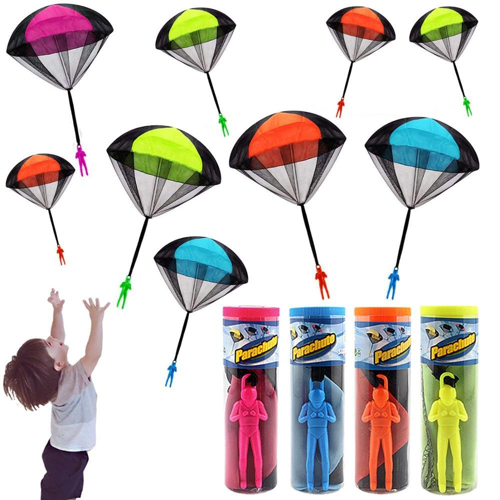 Colorful toy parachutes with packaging.