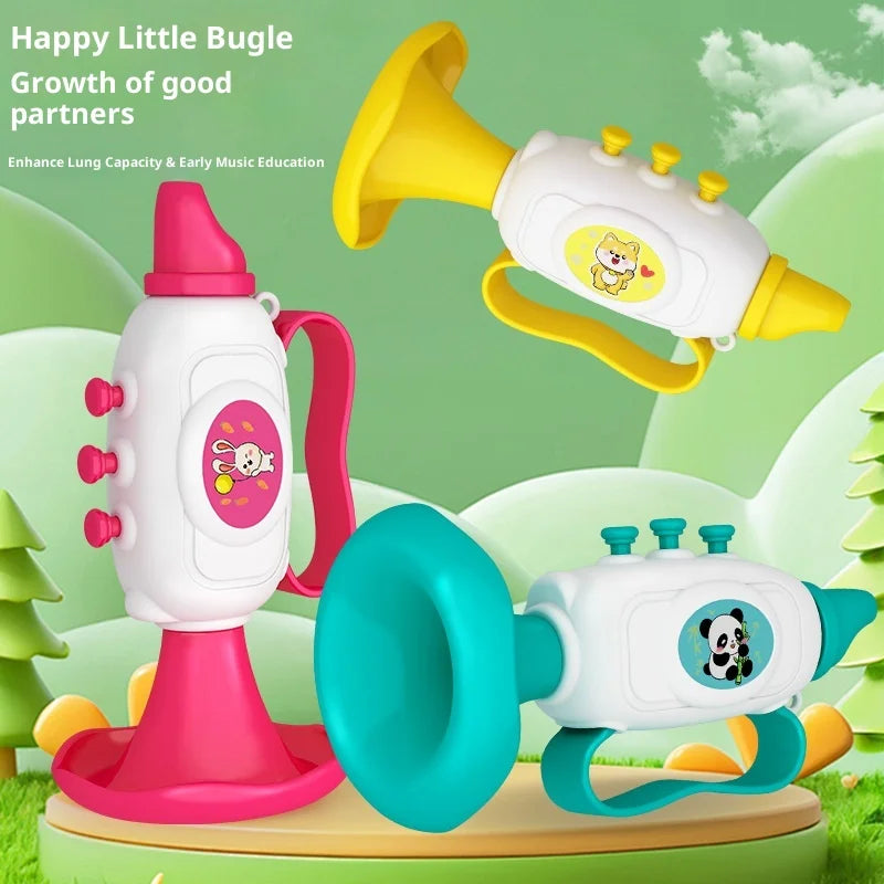Pink, yellow and teal mini horn toys on a green garden illustration