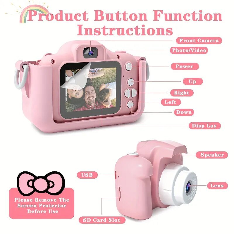 Pink children's camera with labeled buttons and screen