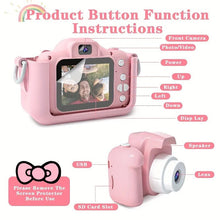 Pink children's camera with labeled buttons and screen