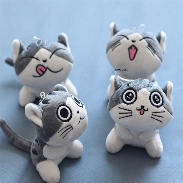 Mini Cat Plush Stuffed Doll keyring chain set in 4 designs, a soft 9cm toy for bag charms, backpack decoration, and small gifting.