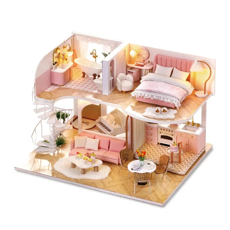 DIY wooden mini dollhouse assembly kit with pink interior furniture ready for step-by-step building.
