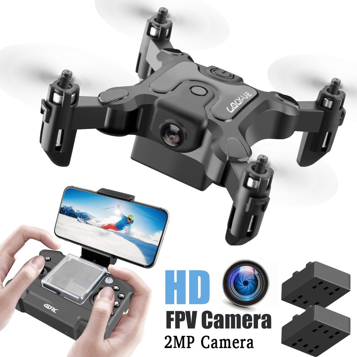 Mini RC drone with 2MP HD FPV camera held alongside its control device for easy handling.
