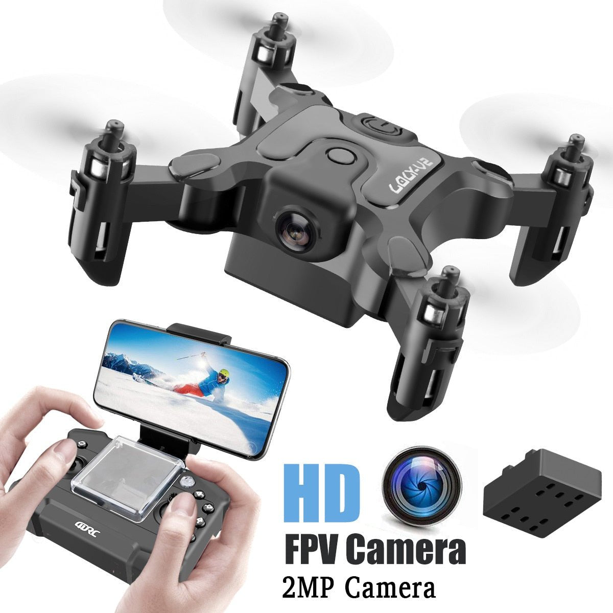 Mini RC drone with 2MP HD FPV camera streaming footage to a smartphone during flight.