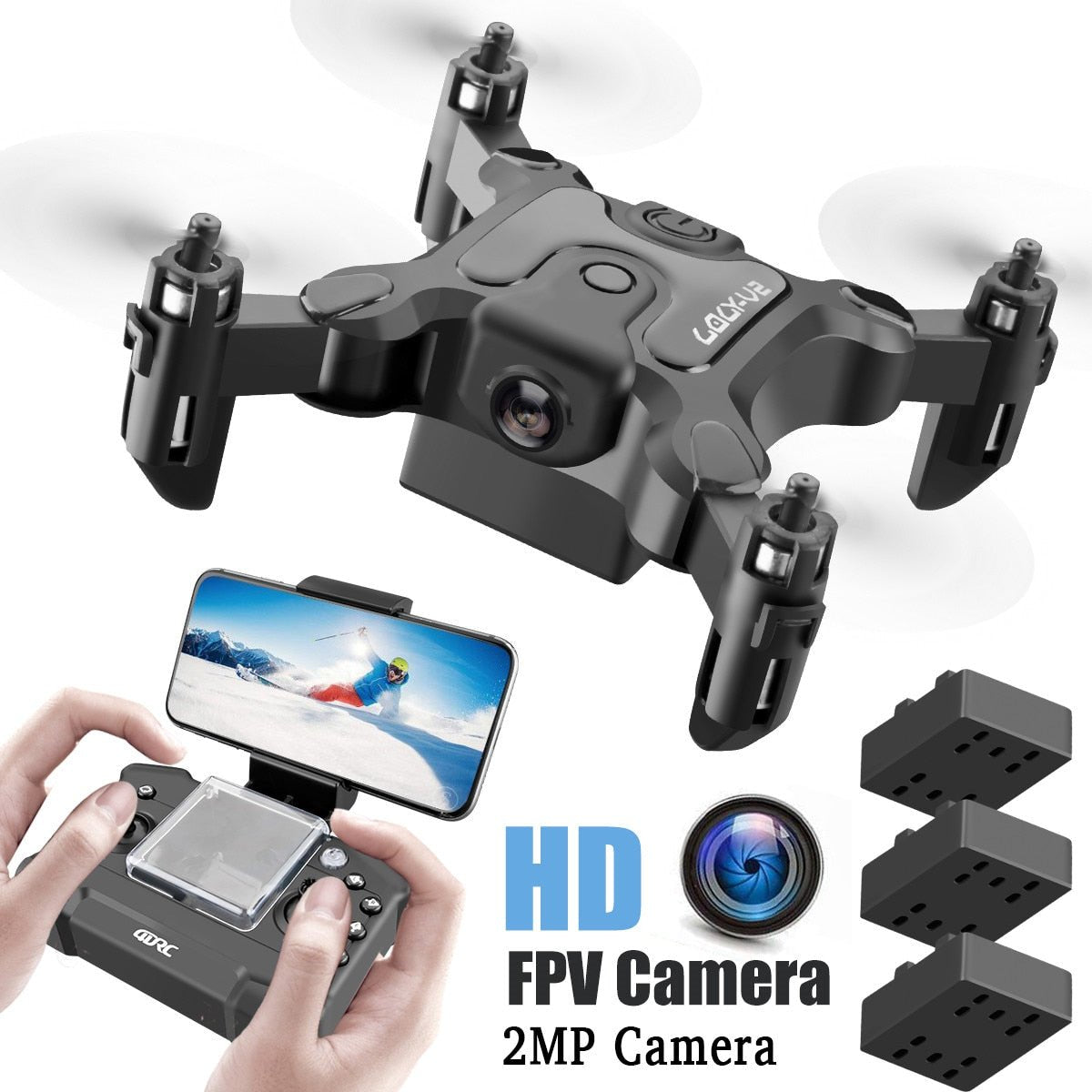 Mini RC drone with 2MP HD FPV camera held by hand to show its compact lightweight build.