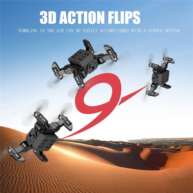 Mini RC drone performing 3D action flips outdoors for fun aerial stunt flying.