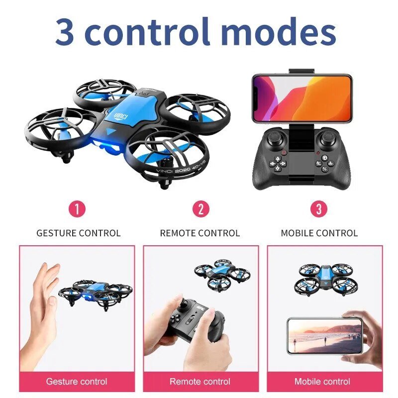 Mini drone 4K camera shown with gesture, remote, and app control modes for easy beginner flying.