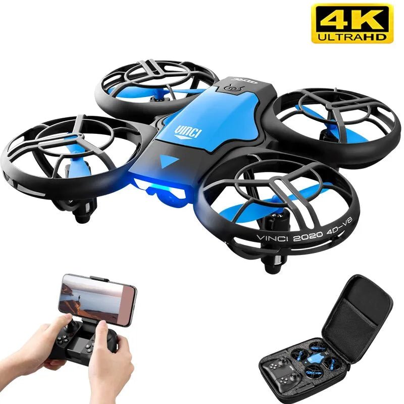 Mini drone with 4K HD camera, remote control, and carrying case for outdoor flying adventures.