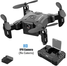 Black mini RC drone with remote control and HD FPV camera for outdoor aerial flying.