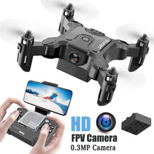 Mini RC drone with HD camera and remote control set on a clean studio background.