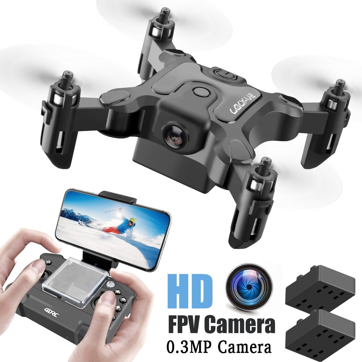 Mini RC drone with HD camera and controller shown for easy setup before flying.